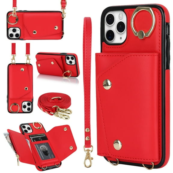 ShellTech for iPhone 11 Pro Max Case with Card Holder and Strap - Zipper Pocket,Crossbody Lanyard Strap,Credit Card Holder,Stand Ring,Cute Phone Wallet Case for Women,Red