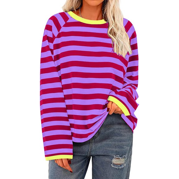 tarylea Womens Tops Crew Neck Long Sleeve Striped Blouse Color Blocked Loose T-Shirts Casual Dressy Fall Cute Tops