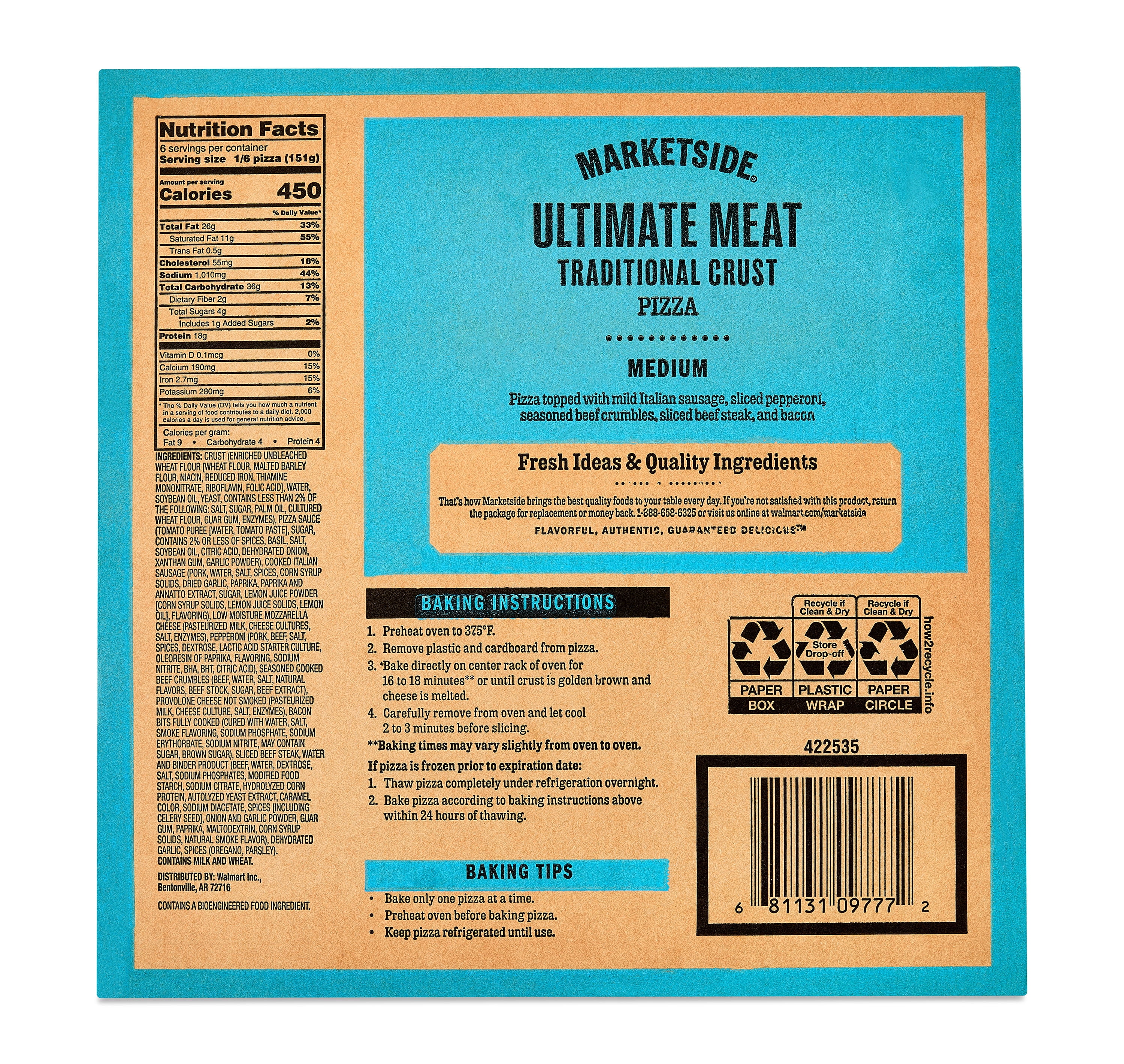 Marketside Ultimate Meat Traditional Crust Pizza, Marinara Sauce, Medium, 12 in, 32.1 oz (Fresh)