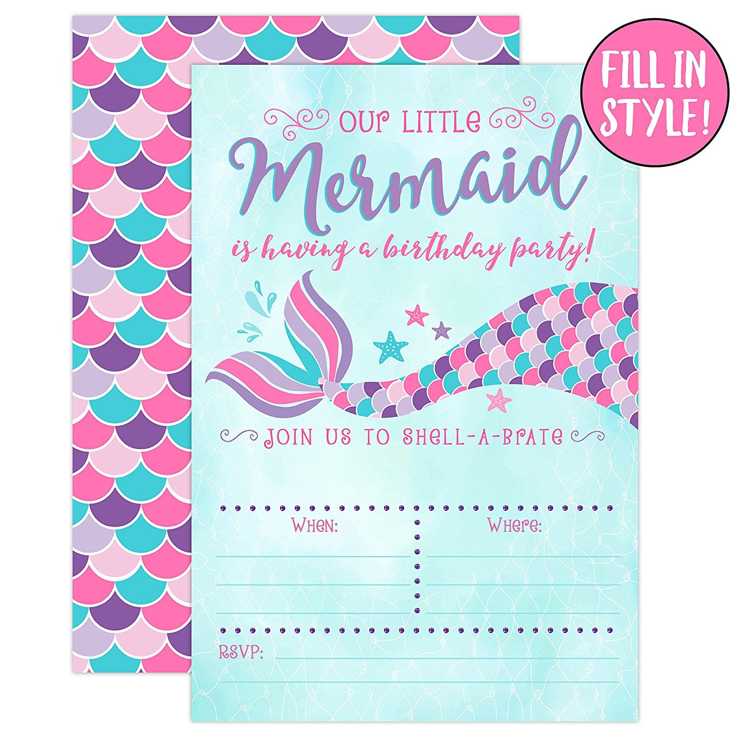 Mermaid Birthday Invitations, Pink and Purple, 20 Fill In Mermaid Party