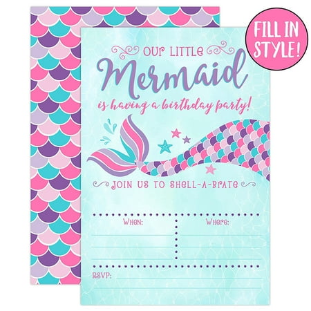Mermaid Birthday Invitations, Pink and Purple, 20 Fill In ...