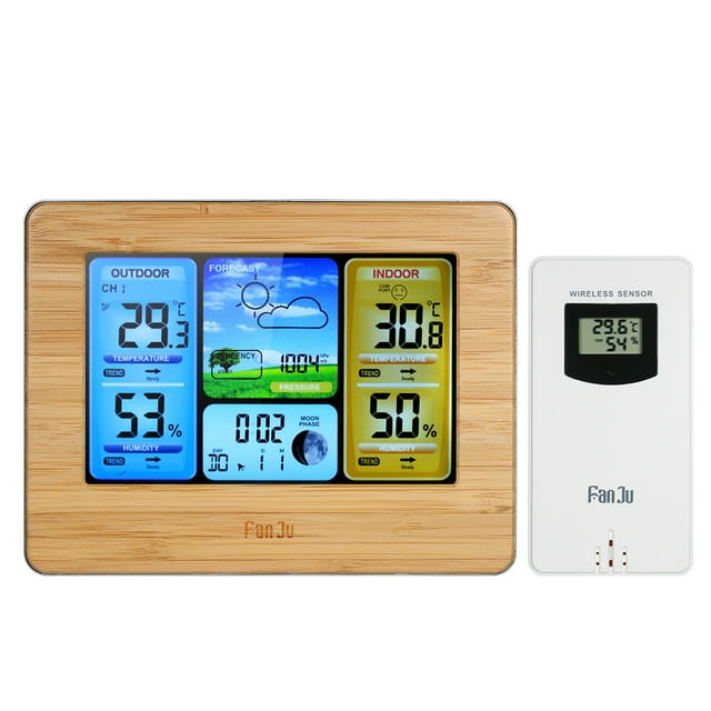 FanJu USB/Battery Operated Wireless Color LCD Weather Station Alarm Clock Indoor Outdoor Thermometer Hygrometer Barometer with Lunar Phase Comfort Display Snooze Function