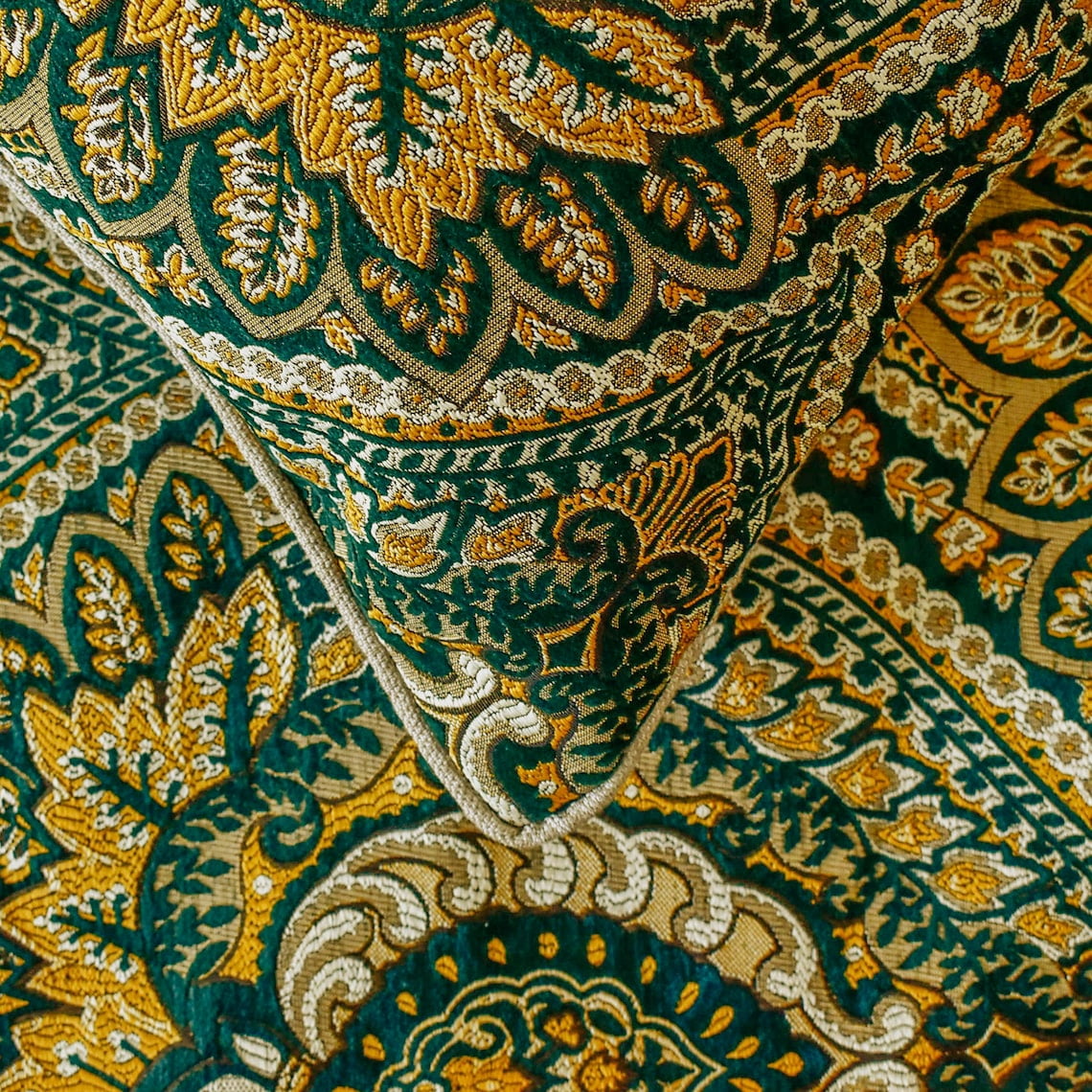 The HomeCentric King / Queen / Twin Green Designer Queen 74"x18" Bed Runner WITHOUT Pillow Cover, Damask, tassels & Tapestry Bed Scarf on Jacquard fabric - Damask Tapestry