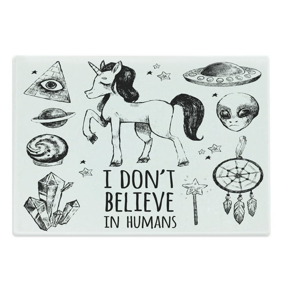 Unicorn Cutting Board, Mysticism Occult Featured Set Pyramids Aliens Dream-Catcher Grunge Print Art, Decorative Tempered Glass Cutting and Serving Board, Large Size, Black, by Ambesonne