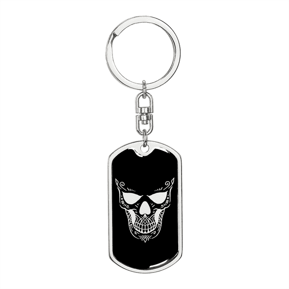 Calavera Mexican Sugar Skull 169 Stainless Steel or 18k Gold Premium Swivel Dog Tag Keychain