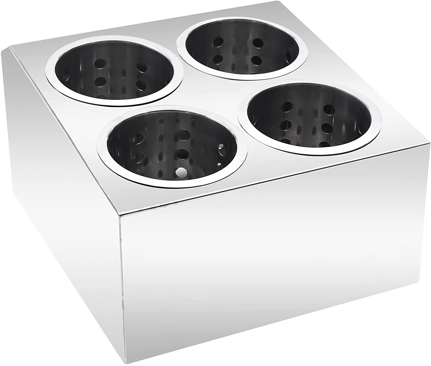 FETCOI Commercial 4-Hole Stainless Steel Cylinder Utensil Holder Organizer Kitchen Flatware Silverware Cutlery Holder Drainable