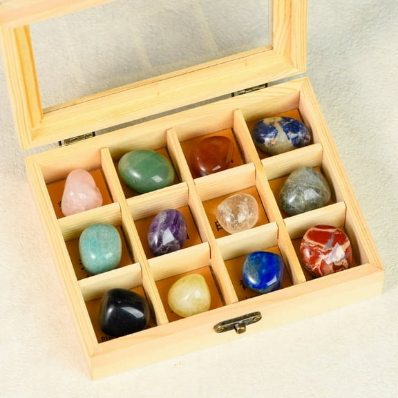Namzi 1 piece natural crystal ore specimen box, polished rolling stone crystal raw stone, children's science popularization mineral standard rock wooden box gift ornament