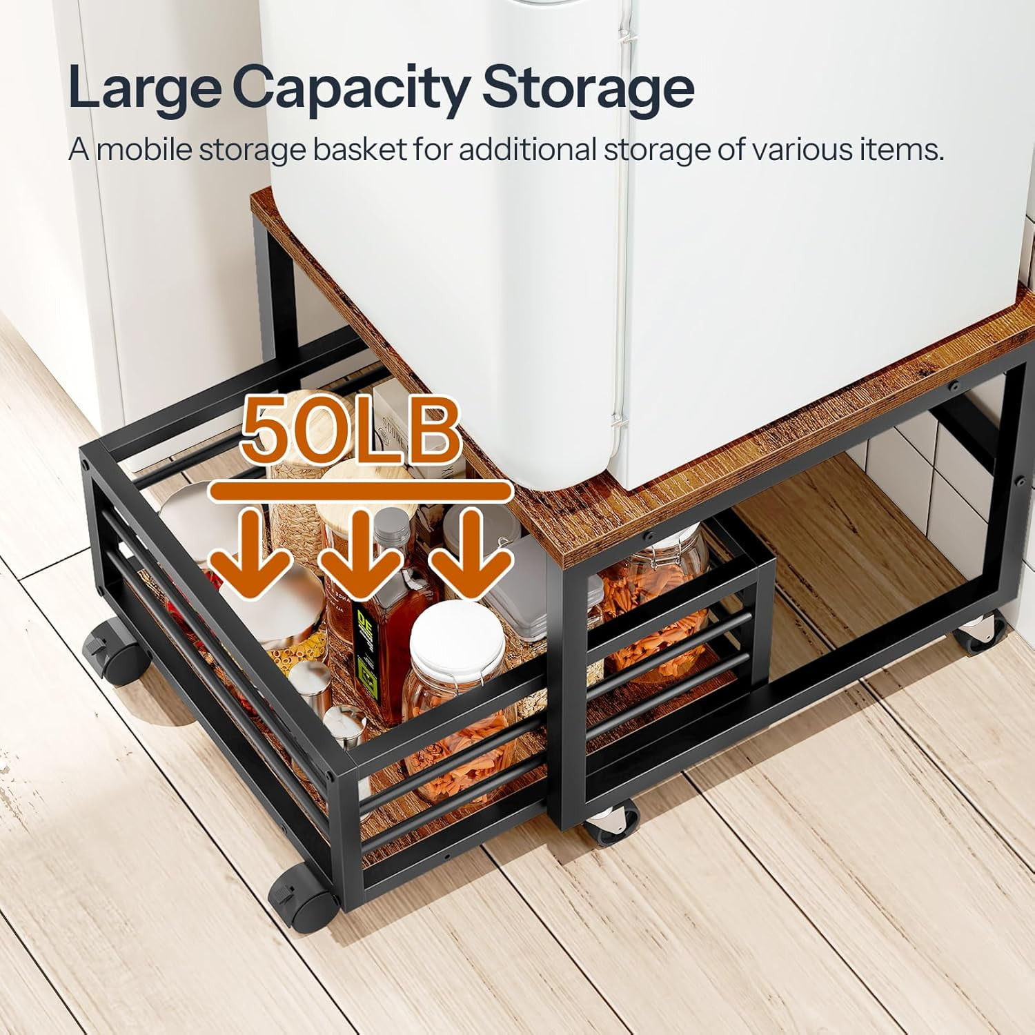 Mini Fridge Stand with Movable Storage Basket, Mini Fridge Cabinet with Wheels and Adjustable Feet, Sturdy Metal Frame, for Home, Apartment,Office, Dorm