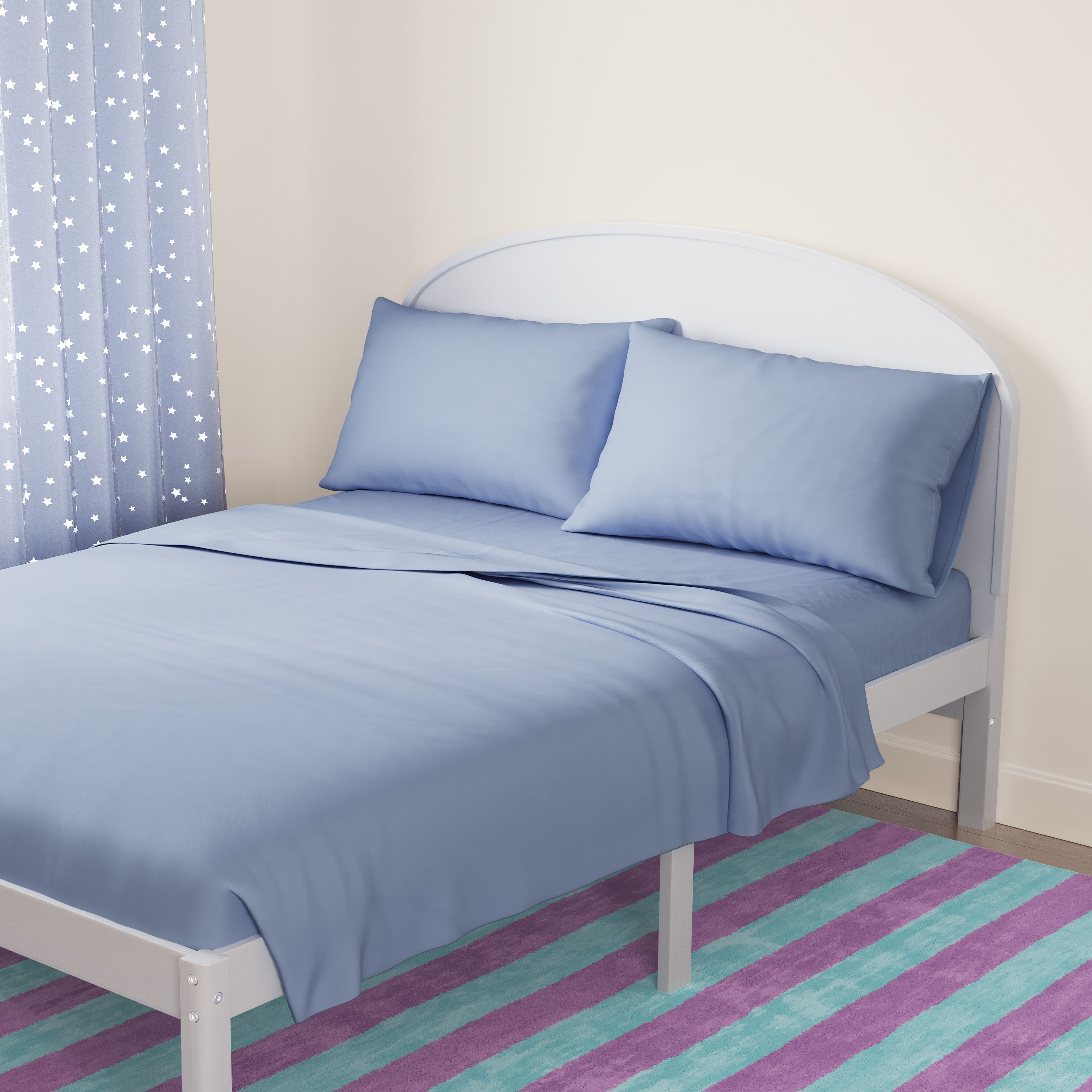 Mainstays Kids Microfiber Bed Sheet Set, Queen, Light Blue, 4 Pieces