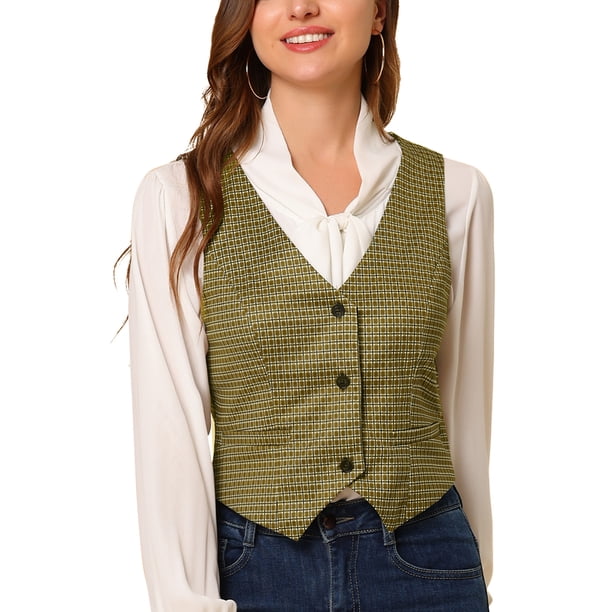 Allegra K Chaleco para mujer Steampunk Elegante chaqueta sin mangas Chalecos versátiles con espalda cruzada Verde claro amarillo marrón XL