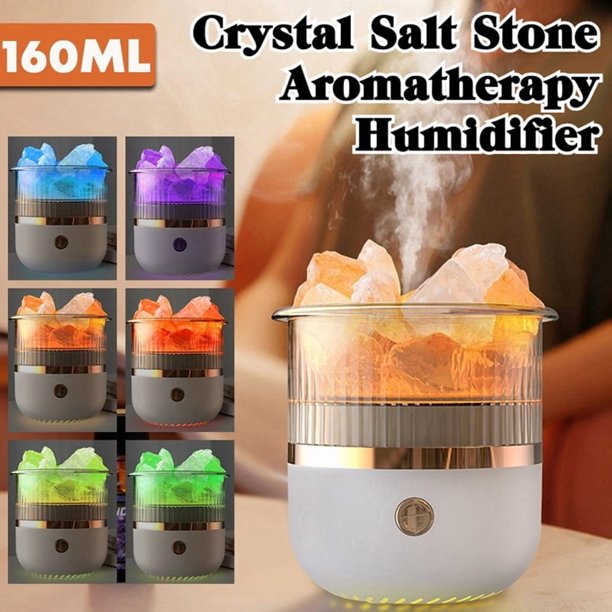 Difusor de Aceites Esenciales de Aromaterapia con Lámpara de Sal y 7 Luces de Colores, Humidificador de Vapor Frío de 160 Ml para el Hogar A