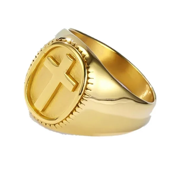 PAURO Men Stainless Steel Cross Ring Wide Cross Design Ring Gothic Punk Jewelry Gold Size 11