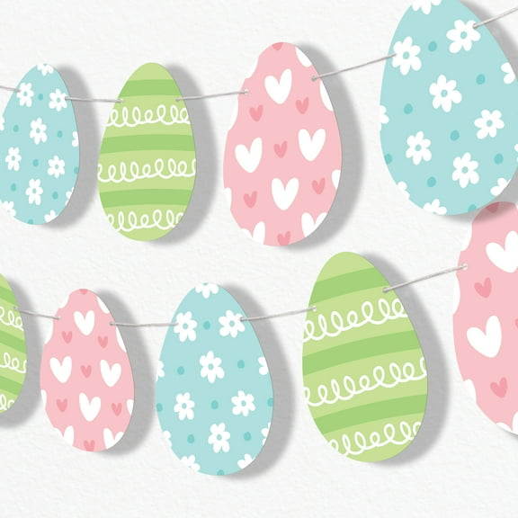 Big Dot of Happiness Easter Egg Garland Banner, Colorful Spring Hanging Decorations, Happy Easter Party Banner, 30 Feet of Cord, 15 Double-Sided Pastel Eggs