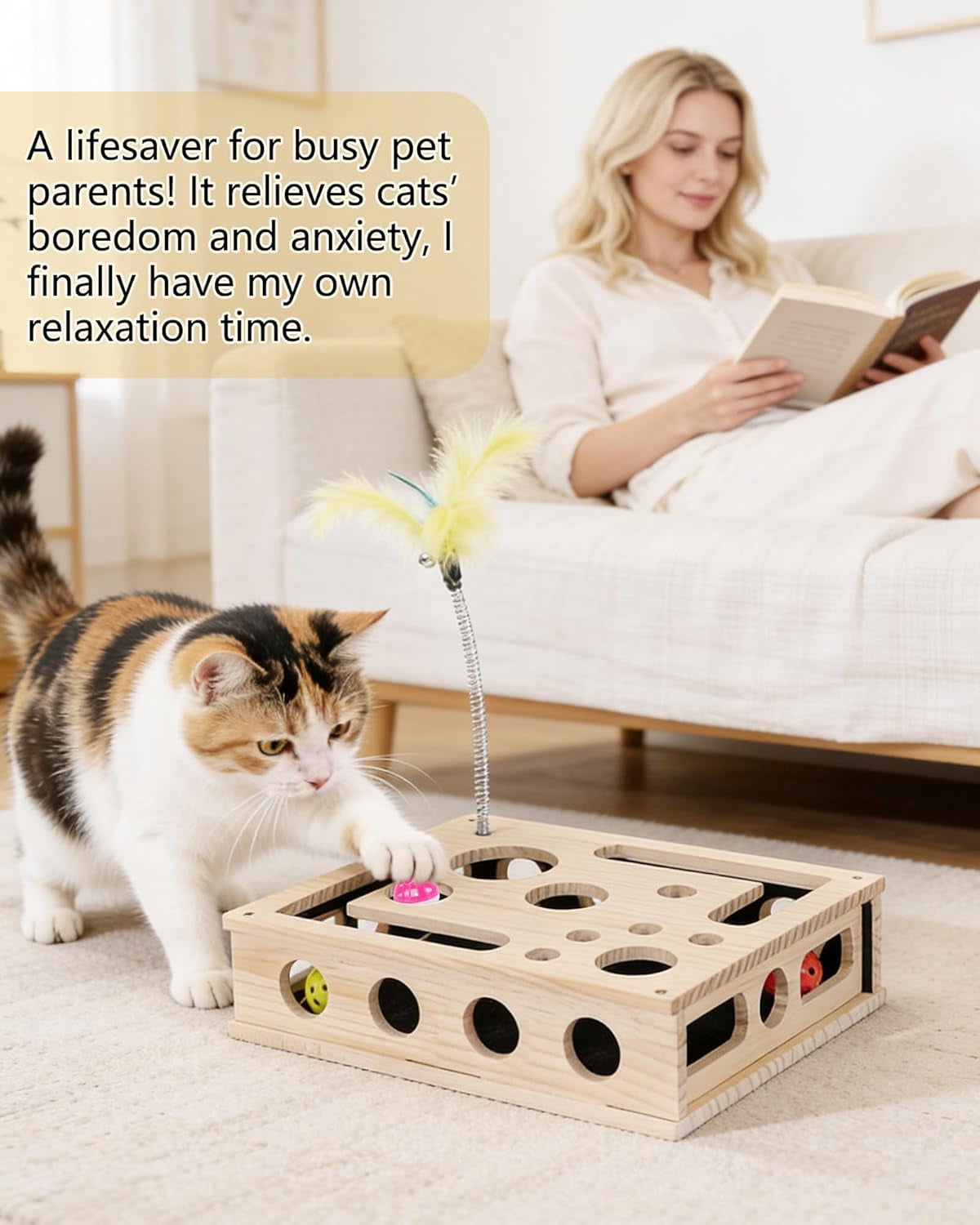 Cat Toys for Indoor Cats - Interactive Box Puzzle Toy Nail File Scratcher Hunting Play Toy with 3 Jingle Balls & 1 Feather Wand, Wooden Puzzle Treat Toy Box Energize Cat Instincts for Bored Cats