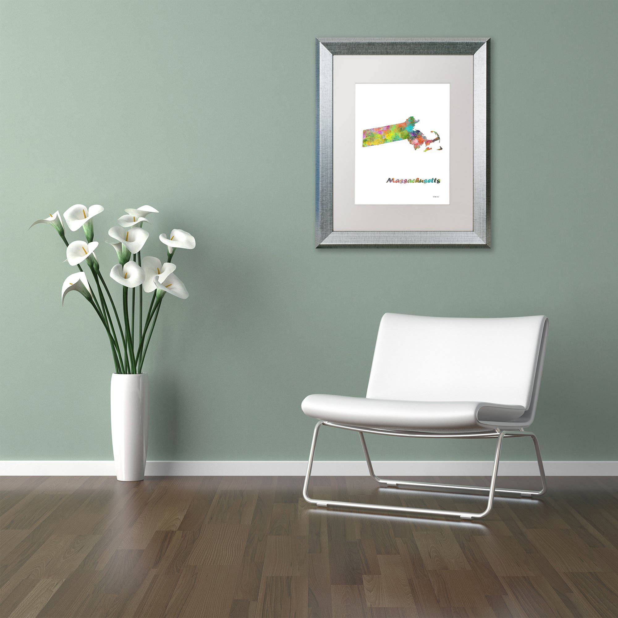 Trademark Fine Art "Massachusetts State Map-1" Canvas Art by Marlene Watson, White Matte, Silver Frame