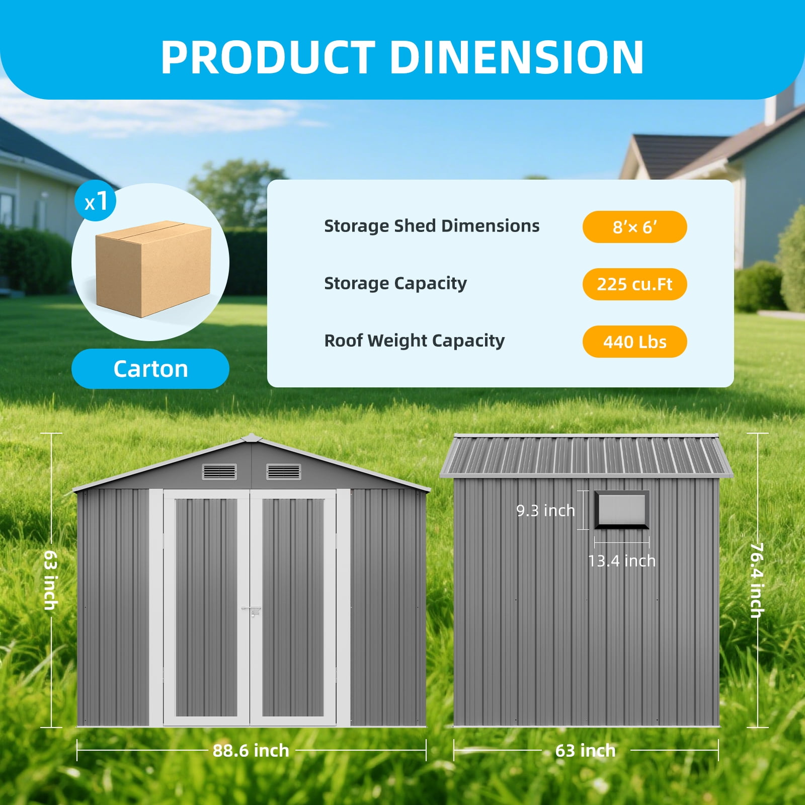DISHUP Outdoor Storage Shed, 8x6 ft Metal Shed with Window＆Lockable Doors, Ideal for Backyard, Garden and Patio, Gray