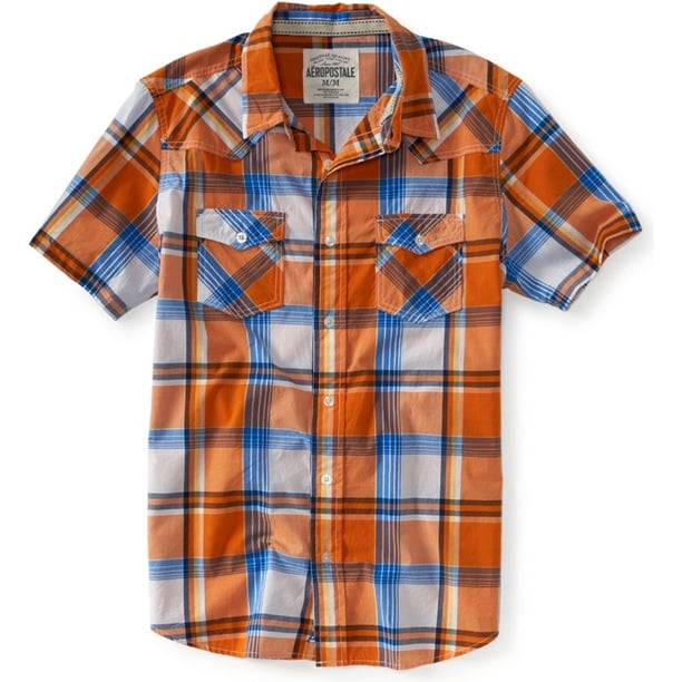 Aeropostale - Camisa con botones para hombre, diseño de bulldog a cuadros, color naranja, grande