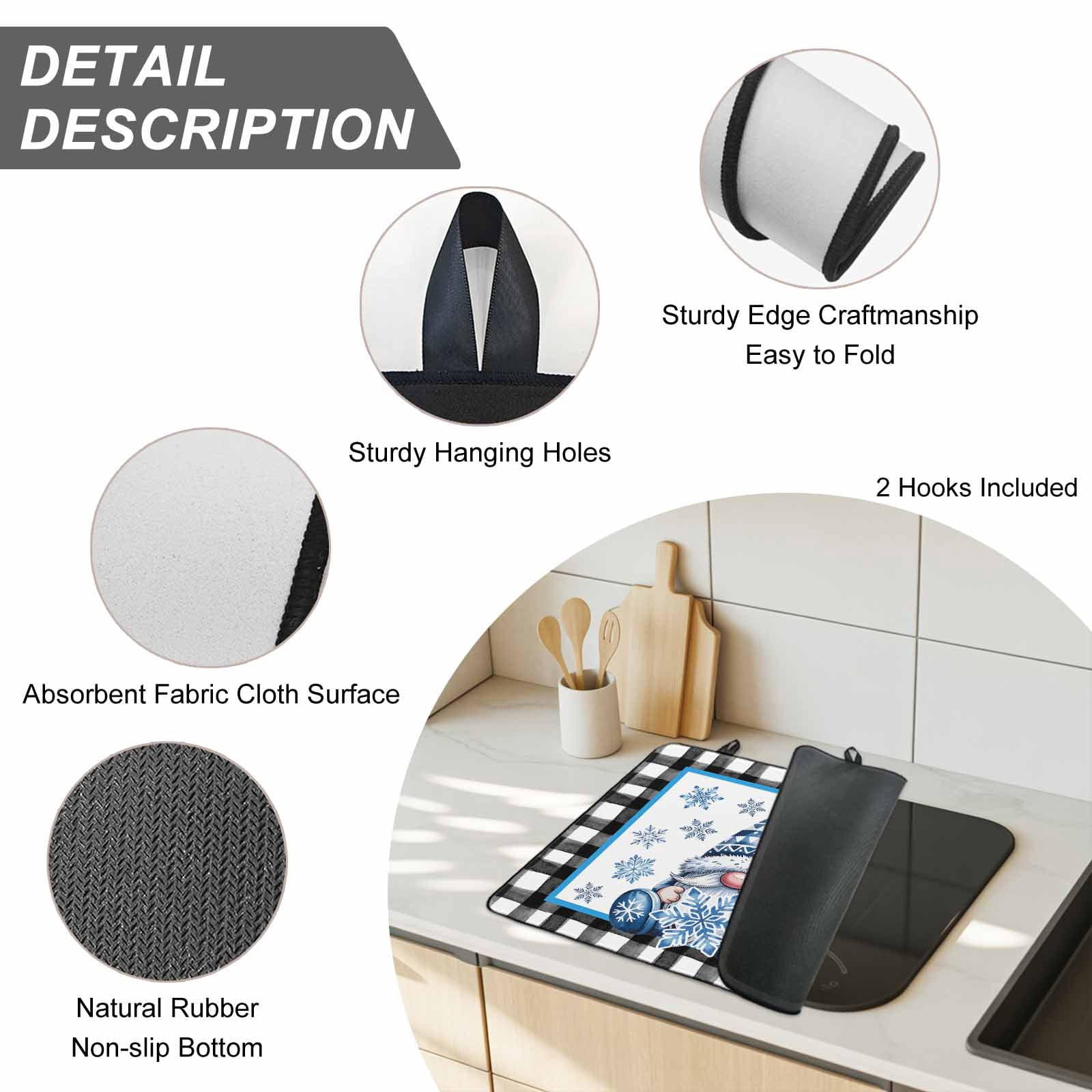 Christmas Stove Top Cover for Electric Stove, Heat-proof & Non Slip Glass Top Stove Cover Protector, Winter Blue Snowflakes Gnomes Black Plaid Kitchen Flat Cooktop Rubber Mat 24x21 Inches