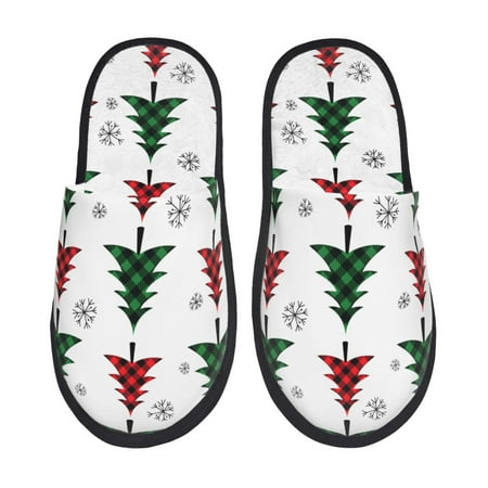 Balery Buffalo Plaid Christmas Trees Slient Indoor Furry Fleece Comfort House Shoes Soft Non-Slip Home Shoes Cotton slippers House Slippers-- Medium