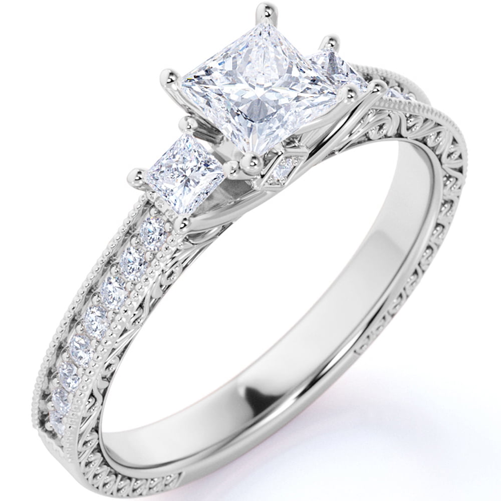 2.50 Carat Princess Cut Moissanite Vintage Engagement Ring Solid 14k White Gold 