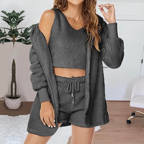 LEWKW Women's 3 Piece Outfits Fuzzy Sherpa Fleece Cami Top with Shorts And Open Front Cardigan Set Warm Cozy Lounge Matching Sets Fluffy Sleepwear Outfits