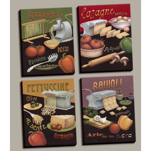Italian Kitchen Spaghetti Ravioli Lasagna Set; 4-8x10" Stretched Canvas Posters