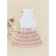 thumbnail image 3 of Franhais Kids Baby Girl Clothes Solid Color Ribbed Sleeveless Tank Tops and Plaid Printed Mini Pleated Skirt Set Summer Outfit, 3 of 9