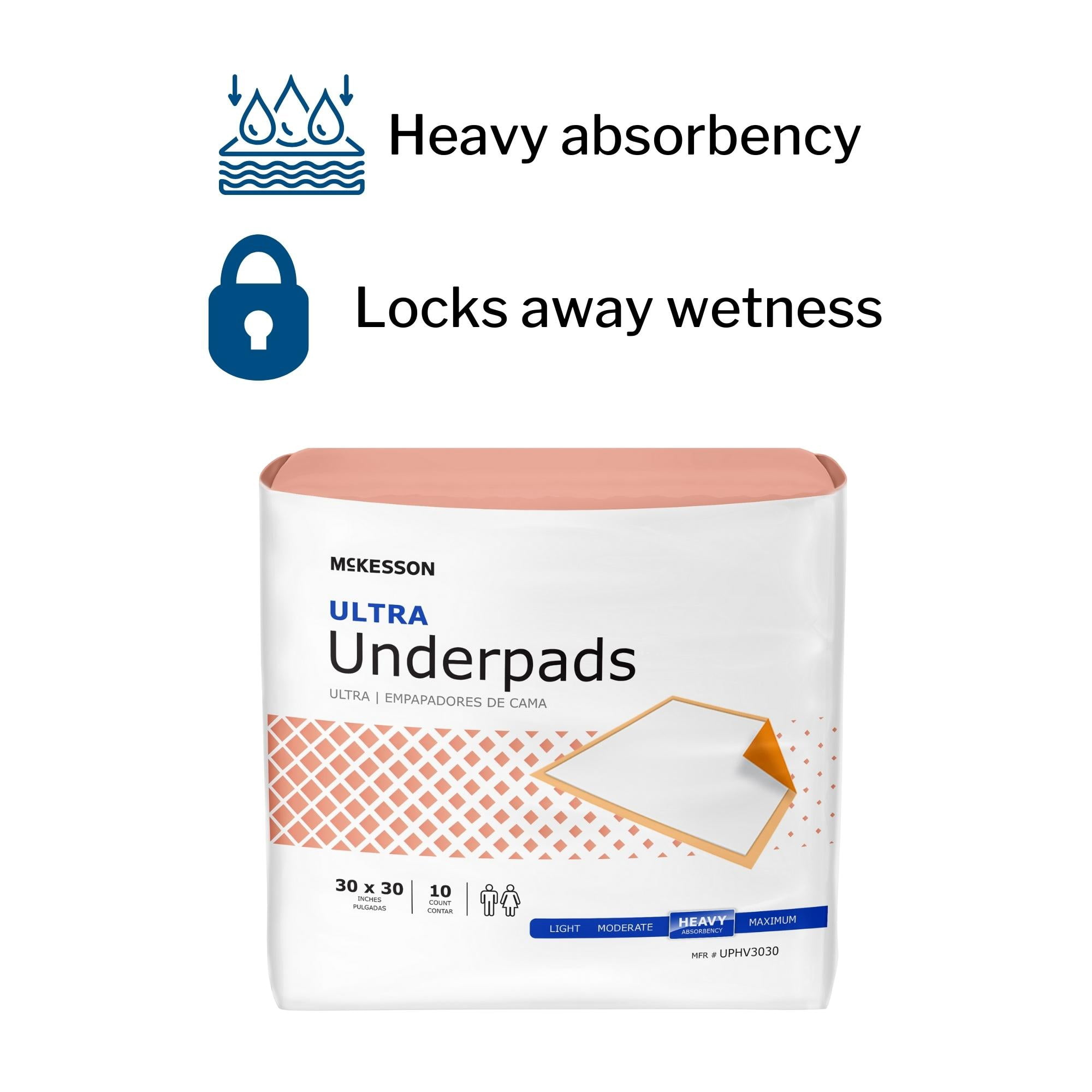 McKesson Ultra Underpads, Incontinence Bed Pads, Heavy Absorbency, 30 in x 30 in, 100 Count
