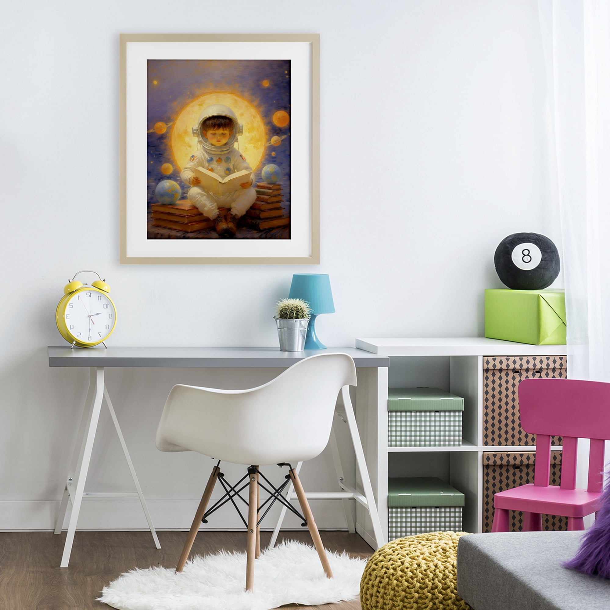 Astronaut Child Learning Birch Framed Print Under Glass, design by Angie Hawke