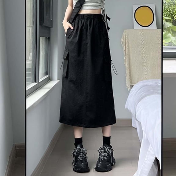 Cargo Skirts for Women High Waist A Line Slimming Skirt Loose Daily Casual Retro Summer Womens Long Skirt with Pocket Black L