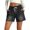 thumbnail image 2 of Women High Rise Ripped Stretchy Jeans Shorts Frayed Raw Hem Casual Denim Shorts Black S, 2 of 7