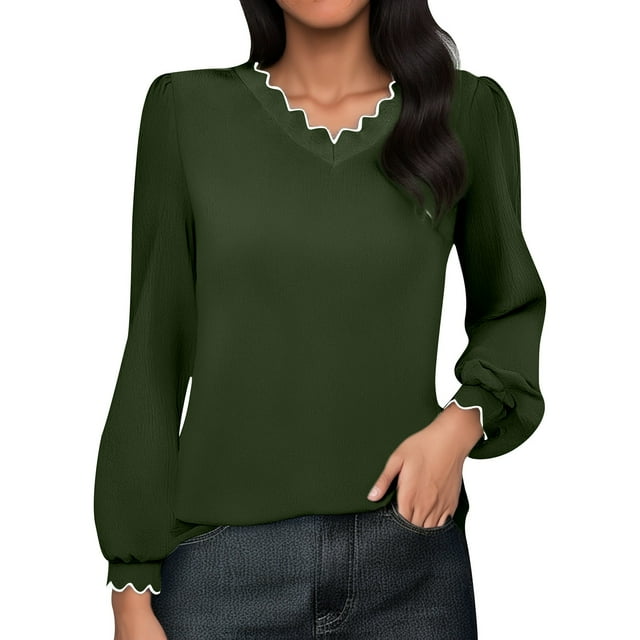 NINGMENG Hauts pour Femmes Couleur Unie Mode Col en V Lacé Manches Longues Pull T-Shirts Extérieur, Vert, TP
