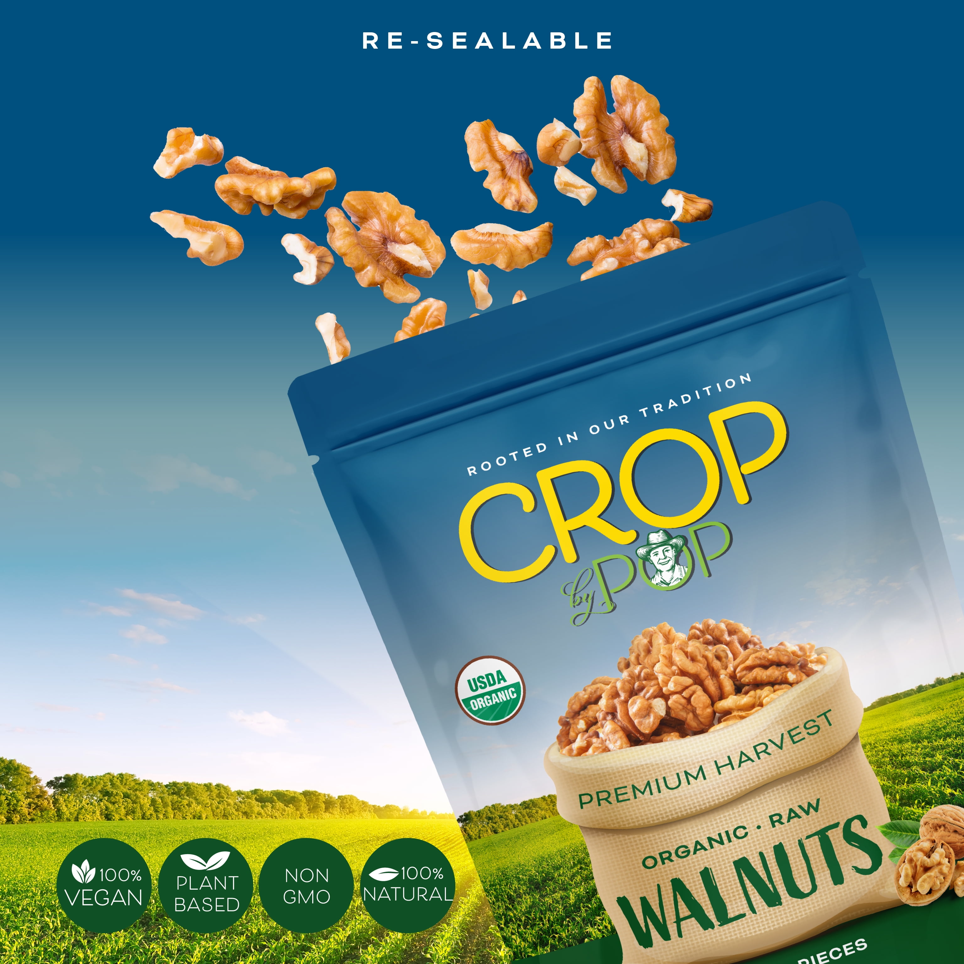 Crop By Pop - Organic Walnuts USDA Organic Non GMO (32 oz 2 Lbs) All Natural, Keto, Vegan, Kosher