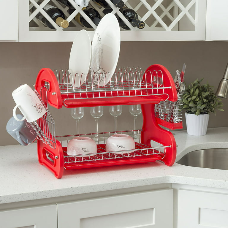 Simple Houseware 2-Tier Metal Dish Rack with Drainboard, Chrome for Kitchen