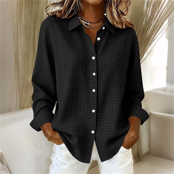 ClodeEU Women's Plaid Lapel Collar Long Sleeve Button Down Shirt,Casual Loose Blouse Black,Women's Plus L