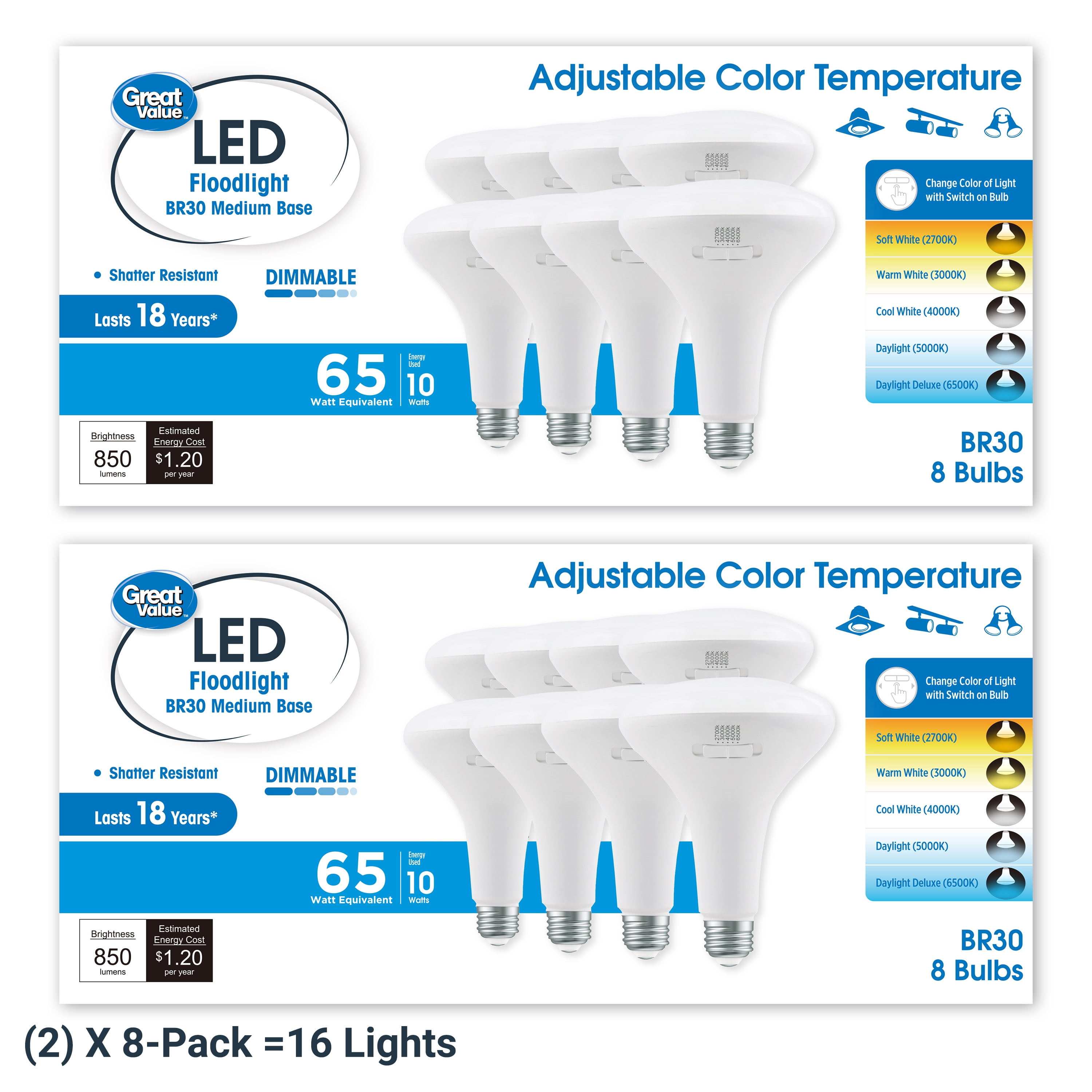 Great Value 5CCT LED BR30 Floodlight Bulb, 10W(65W Equivalent), E26 Medium Base Dimmable, 16 pack