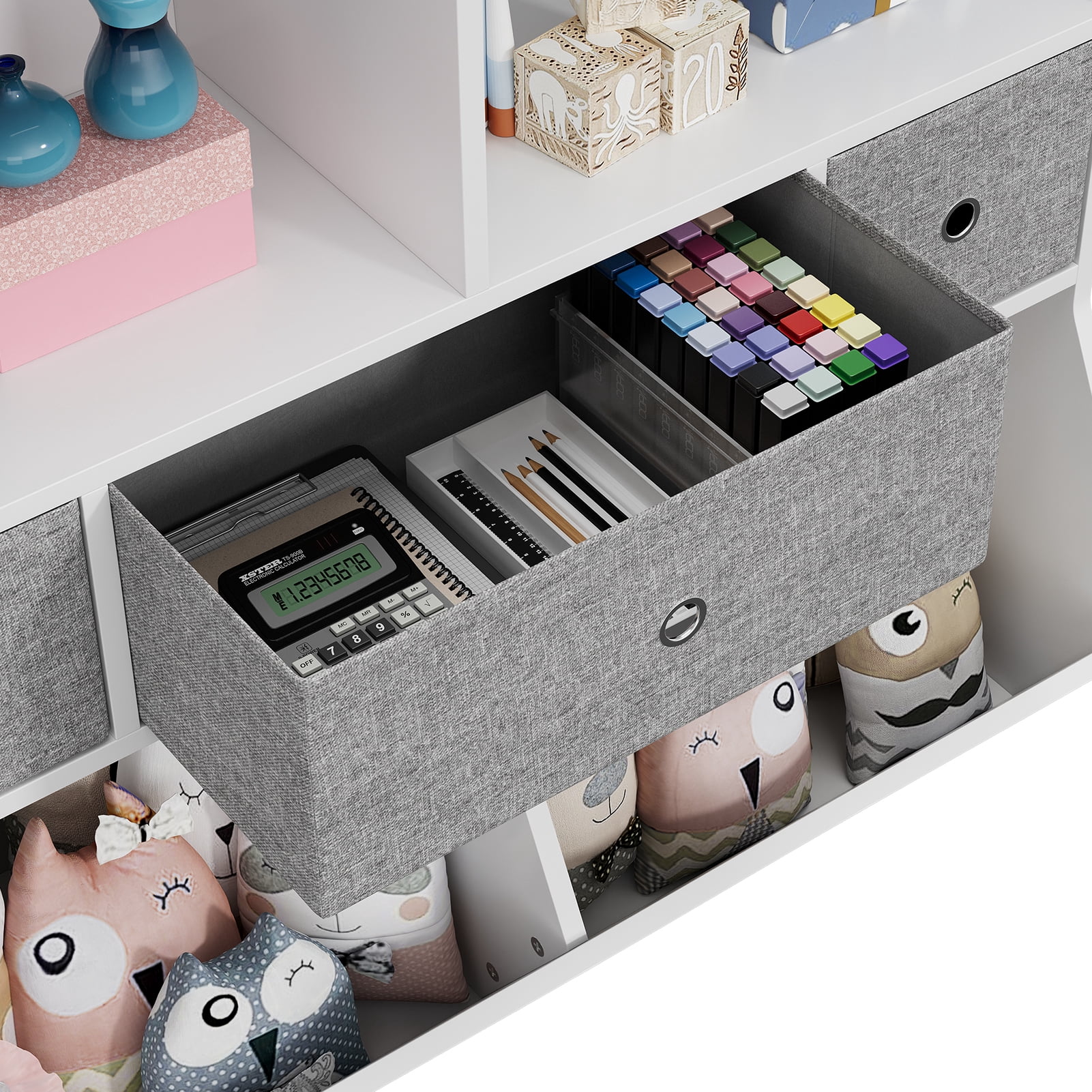 DSSTYLES Kid's Cubby Toy Storage Cabinet, Wood Toy Organizer of 7 Bins, Children's White Bookcase, Toy Chest for Bedroom Living Room