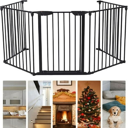 Dog Gate 5 Panel 118" Wide & 30" Tall Safety Gate Metal Fireplace Fence Dog playpen Stair Gate Garage Fences Stairway Barrier with Safety-Lock Wall Mounted Freestanding(Black)