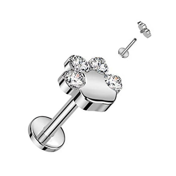Body Accentz Labret Implant Grade Titanium Internally Threaded with CZ Paw Top Pawprint