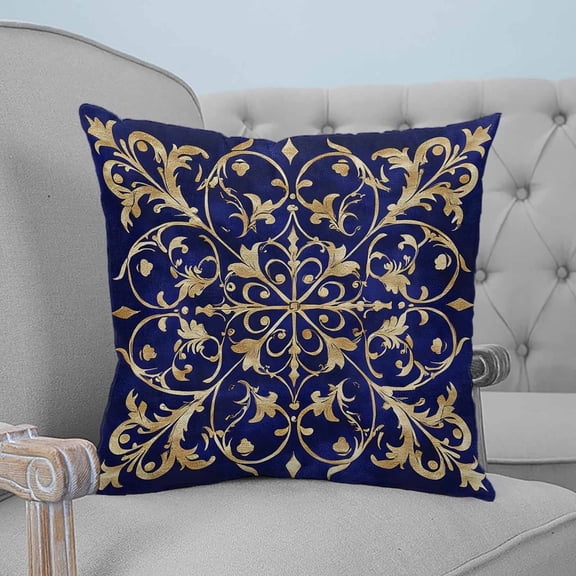 Abstract Blue Gold Throw Pillow Covers, Soft Pillowcases with Invisible Zipper, Luxurious Traditional Flower Leaf Decorative Square Pillow Cushion Covers for Living Room Couch Sofa Bed 26x26 Inches