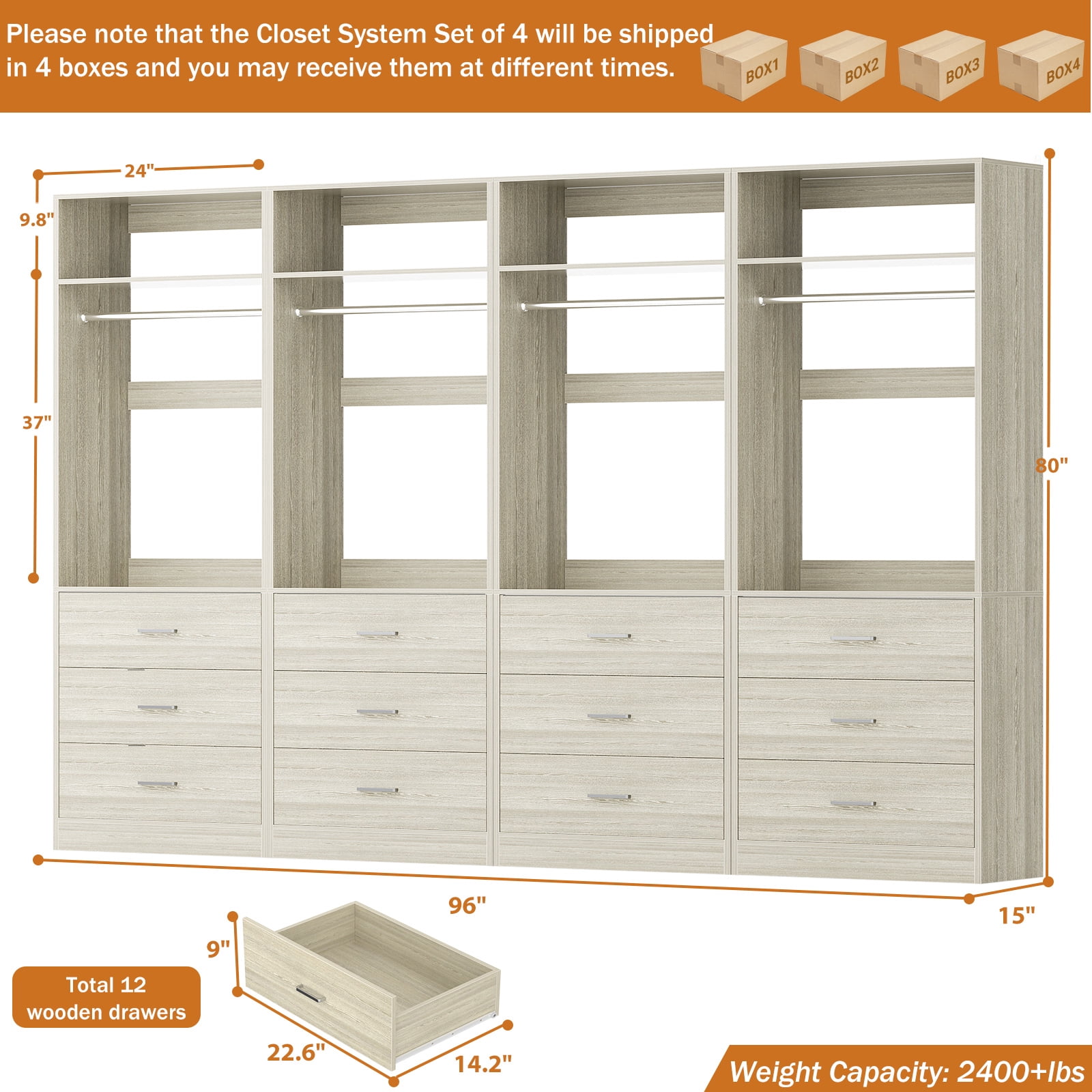 Homieasy 8FT (96 Inch) Closet Organizer System,Set of 4 - 12 Wood Drawers, 4 Hanging Rods & 4 Shelves, Heavy Duty Walk-in Closet Storage,White Oak
