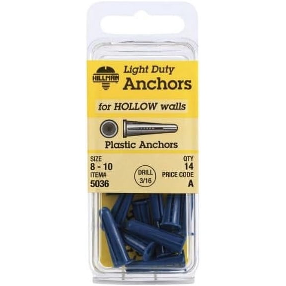 Hillman Plastic Hollow Wall Plug Anchors - Plastic - 14 Pack, Size 8-10 x 7/8 In, Blue