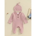 thumbnail image 2 of Newborn Baby Girls Boys Romper Bodysuit Long Sleeve Solid Ribbed Jumpsuit Hat Set Coming Home Outfits Neutral Clothes, 2 of 8