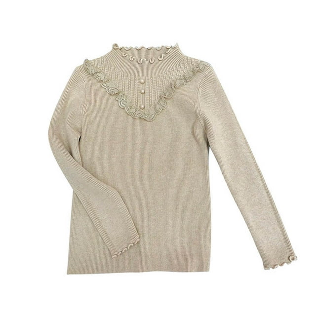 Aocisk Tricot Chaud pour Filles Manches Longues Col Rond Haut Doux Extensible Fil Pur Confortable Tenue Décontractée d'Hiver pour Tout-Petits Enfants Kaki 6-7 Ans