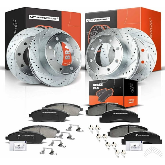 A-Premium Front and Rear Drilled and Slotted Disc Brake Rotors   Ceramic Pads Kit Compatible with Select Ford Models - Excursion 2000-2005, For F-250/350 Super Duty 1999-2004, 12-PC Set