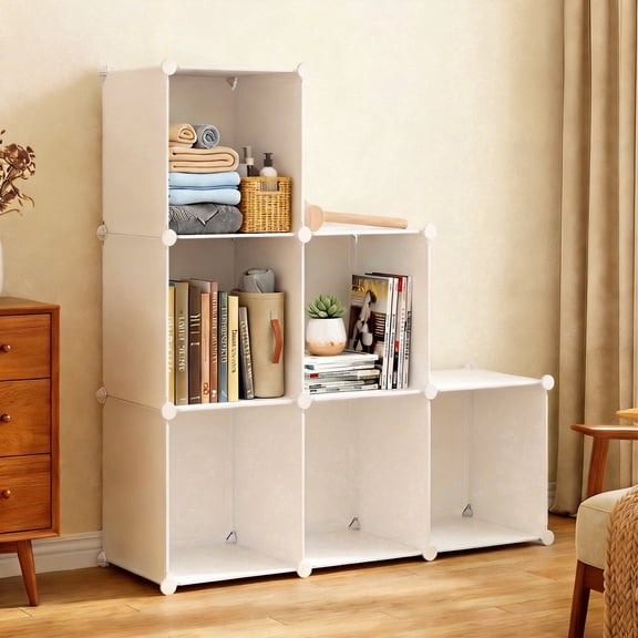 Cube Storage Organizer 6 Cube, Stackable Closet Organizer Storage Shelves, Plastic Storage Shelving Units and Storage Cubes for Clothes Books Toys, Bedroom Living Room Dorm, White