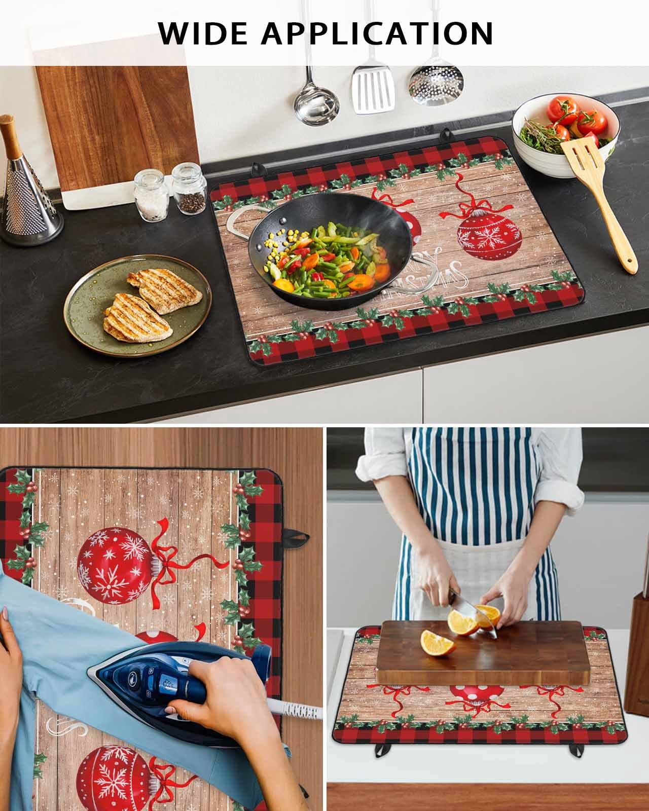 Large Induction Cooktop Protector Mat Christmas Stove Top Covers for Electric Stove, Xmas Balls Snowflakes Trees Red Plaid Wooden Decorative Stove Burner Cover Mats, Glass Top Stove Cover
