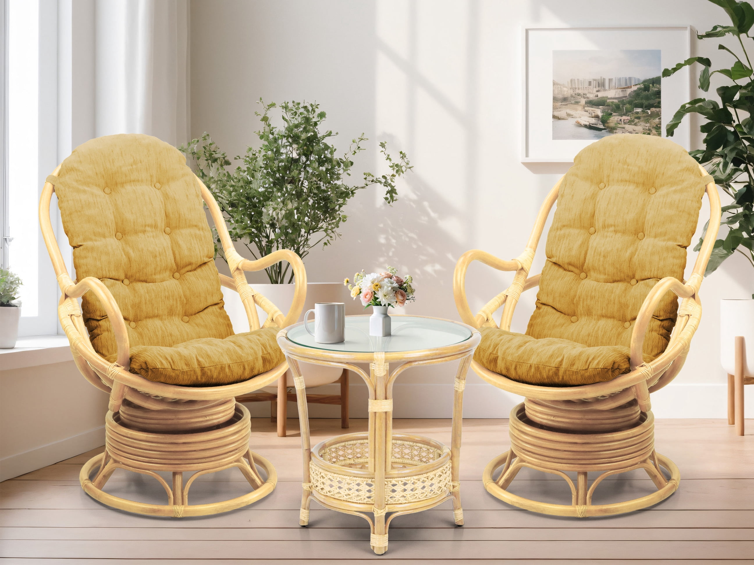 Java Lounge Swivel Rocking Chair with Light Brown Cushion Natural Rattan Wicker Handmade, Natural
