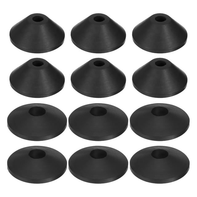 Unique Bargains Rondelle en Caoutchouc pour Boulon de Toilette, Ensemble de 12 Rondelles Coniques pour Réservoir de Toilette et Bol, Trousse de Prévention des Fuites. l'Image Affiche 12 Rondelles en Caoutchouc Noires de Forme Conique, Disposées en Grille. Chaque Rondelle Est Faite de Caoutchouc Souple et durable et Présente un Trou central pour l'Installation du Boulon. Ces Rondelles Sont Conçues pour Prévenir les Fuites, Créer un Joint Hermétique et Réduire les Vibrations entre le Réservoir de Toilette et la Bol. les Dimensions Sont de 24.5x10mm