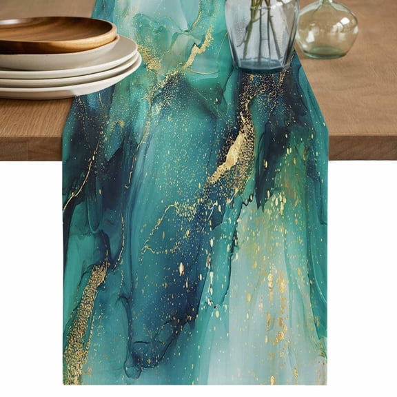 Table Runner 72 Inches Long for Kitchen Dining, Turquoise Marble Dresser Scarf Farmhouse, Dining Table Decorations for Wedding/Parties, Ink Painting Modern Abstract Aesthetics 18 x 72 In